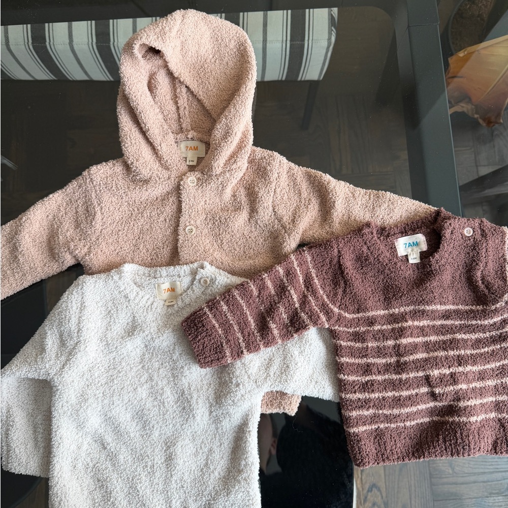 Kids Cozy Hooded and Striped Sweater Set - Cream, Tan, Brown